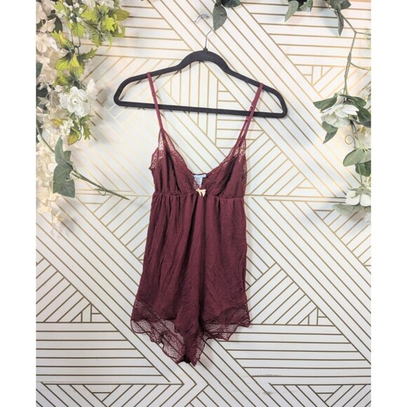 Eberjey Lace Trim Romper Teddy Sleep Pajama Women's Burgundy SMALL READ - Picture 1 of 5